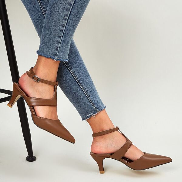 

Point Toe Cut Out Ankle Strap Pumps, Brown