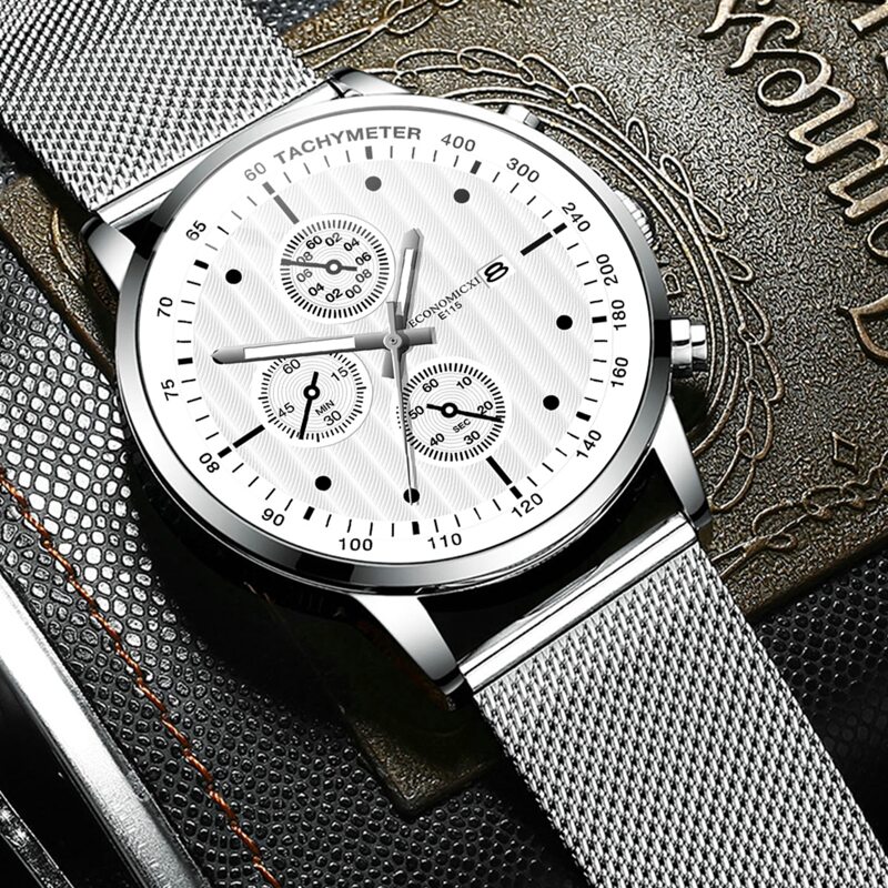 

1pc Guys Mesh Strap Date Round Pointer Quartz Watch