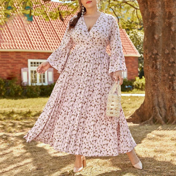 

Plus Ditsy Floral Surplice Neck Flounce Sleeve Pleated Dress, Baby pink