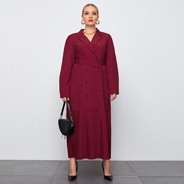 

Plus Solid Belted Pleated Hem Shirt Dress, Burgundy