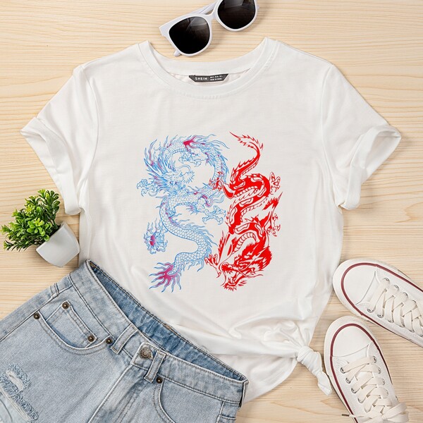 

Chinese Dragon Print Round Neck Tee, White