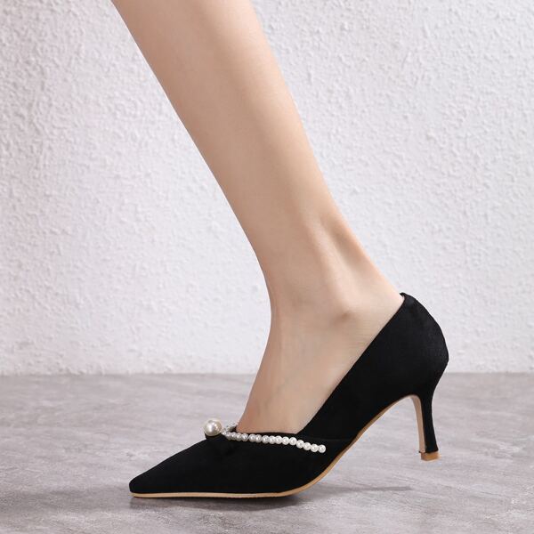 

Faux Pearl Decor Stiletto Court Heels, Black