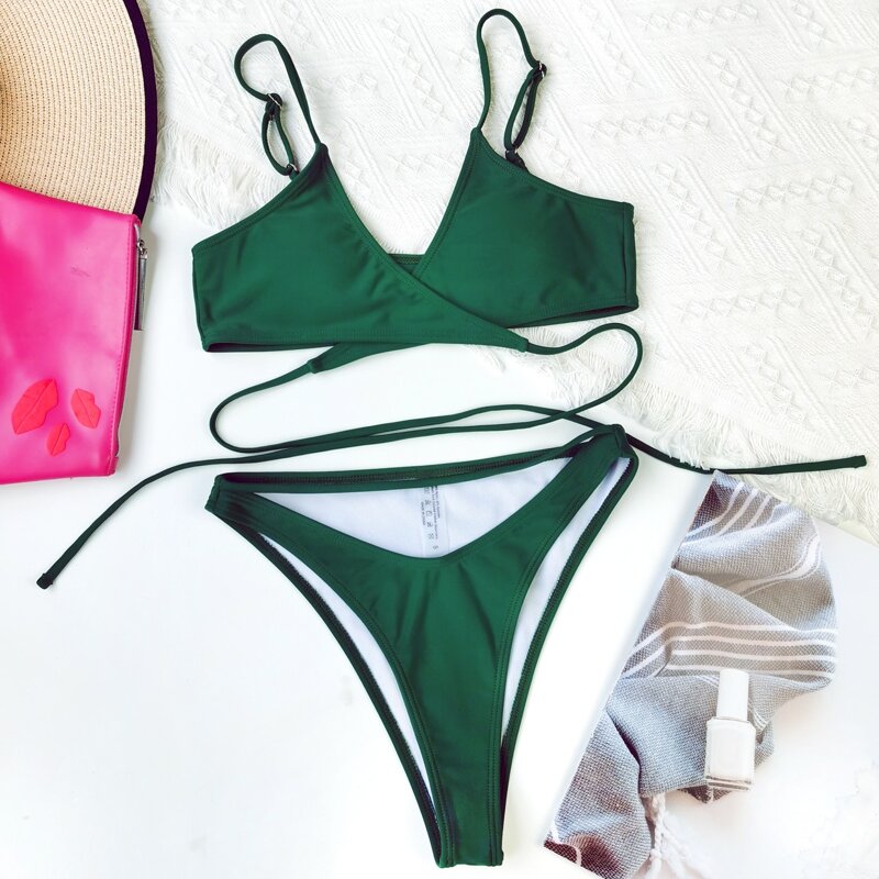 

Cross Wrap Cut-out High Cut Bikini Swimsuit, Dark green