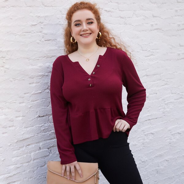 

Plus Half Placket Ruffle Hem Tee, Maroon