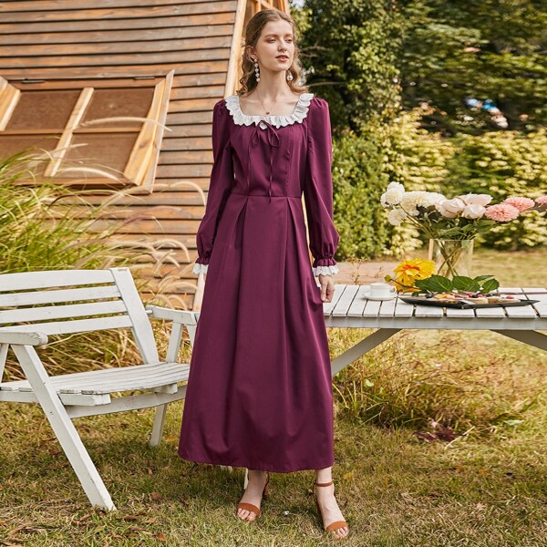 

Square Neck Schiffy Ruffle A-line Dress, Maroon