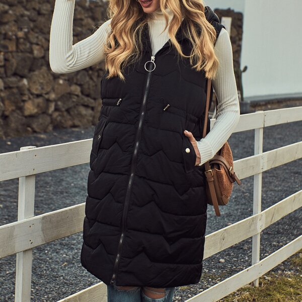 

O-ring Zip-up Drawstring Waist Hooded Puffer Vest, Black