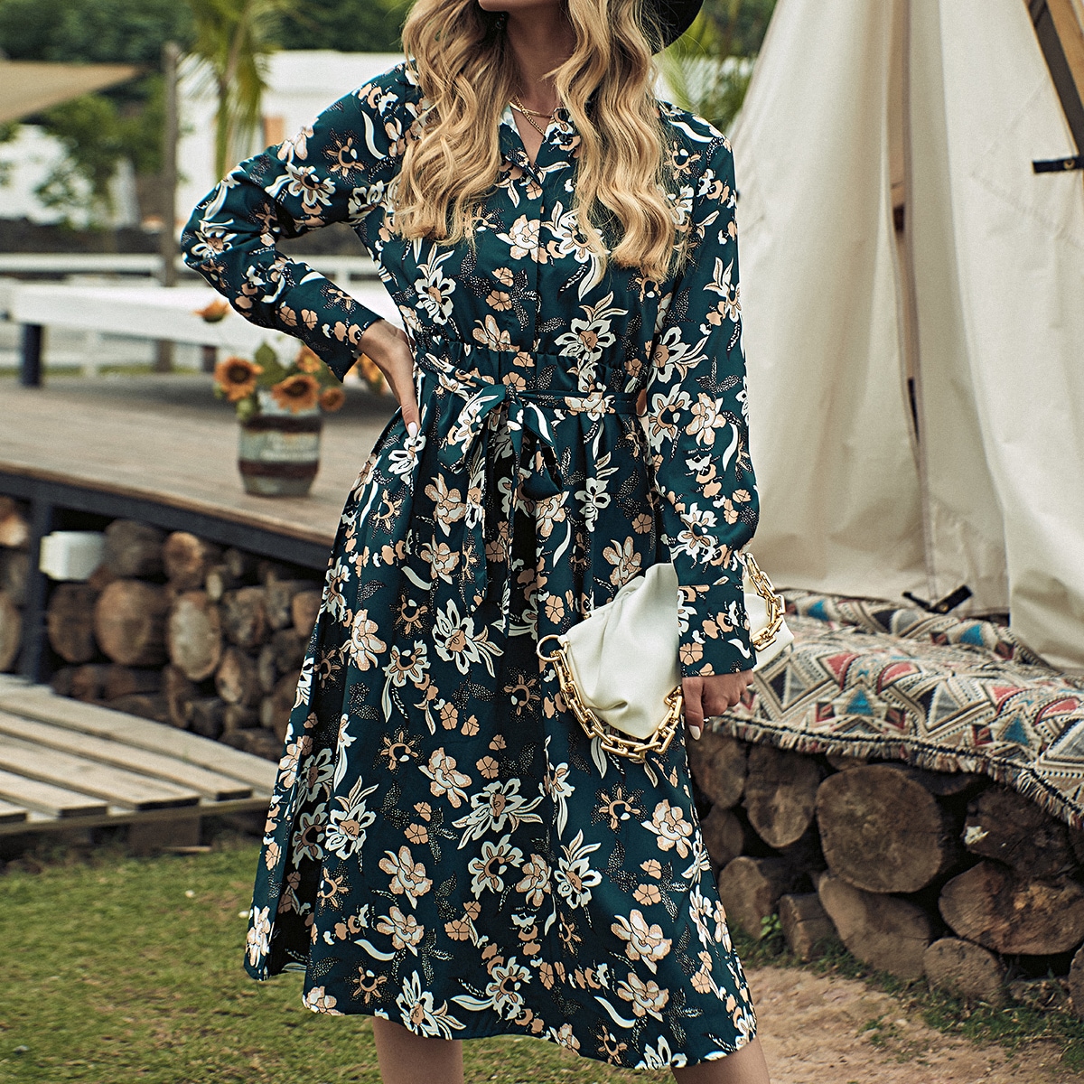 Image of Allover Floral Print Belted Shirt Dress