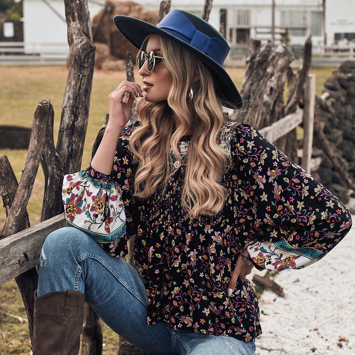 Image of Allover Floral Print Bishop Sleeve Peplum Blouse