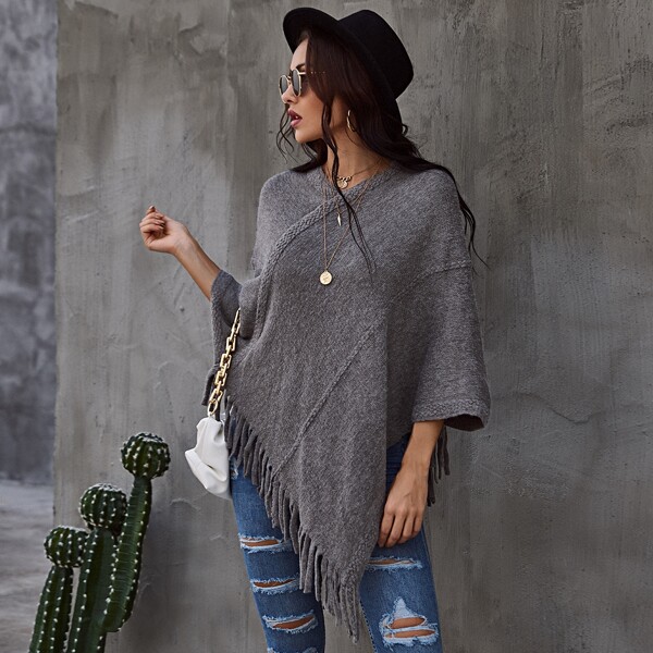 

Fringe Trim Ribbed Knit Poncho Sweater, Grey
