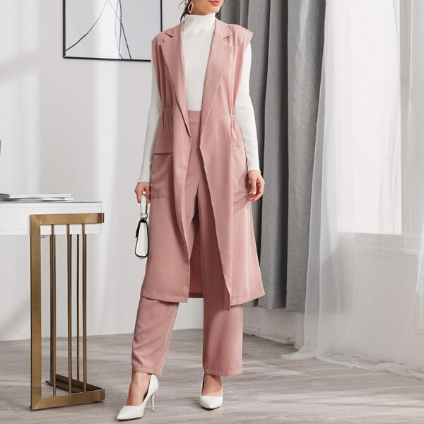 

Notch Collar Open Front Vest and Pants Set, Pastel dusty pink