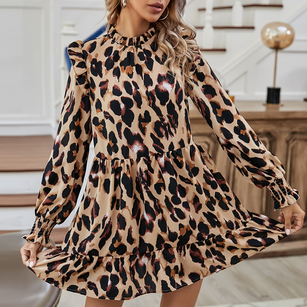 Image of Allover Floral Ruffle Neck Smock Dress