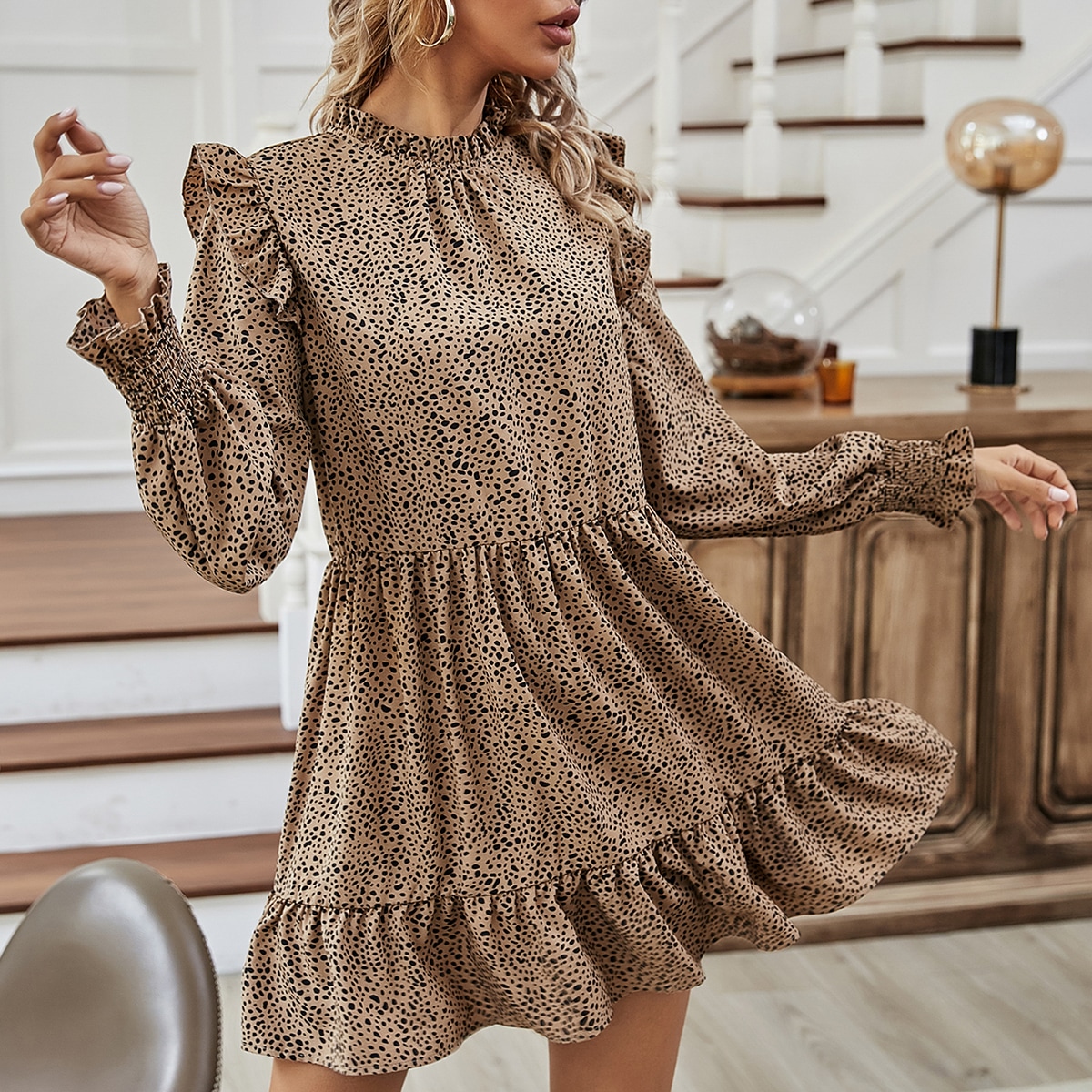 Image of Allover Print Ruffle Neck Smock Dress