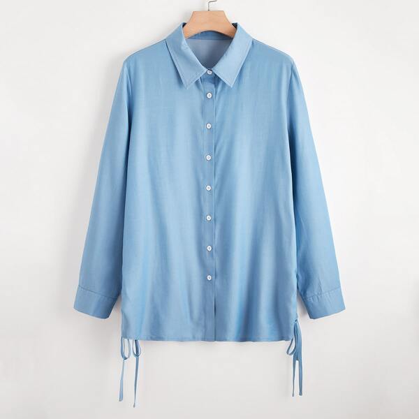 

Plus Button Front Drawstring Side Denim Blouse, Light wash