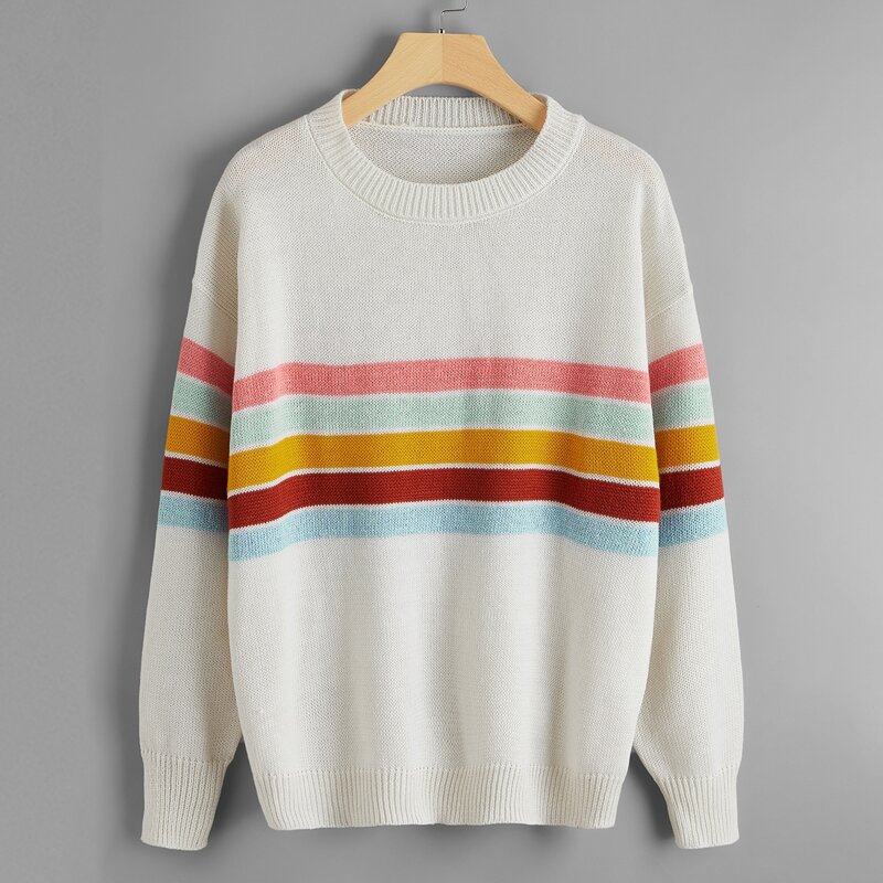 

Striped Drop Shoulder Sweater, White