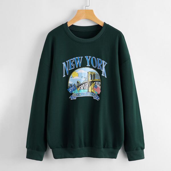 

American Flag And Letter Graphic Sweatshirt, Dark green