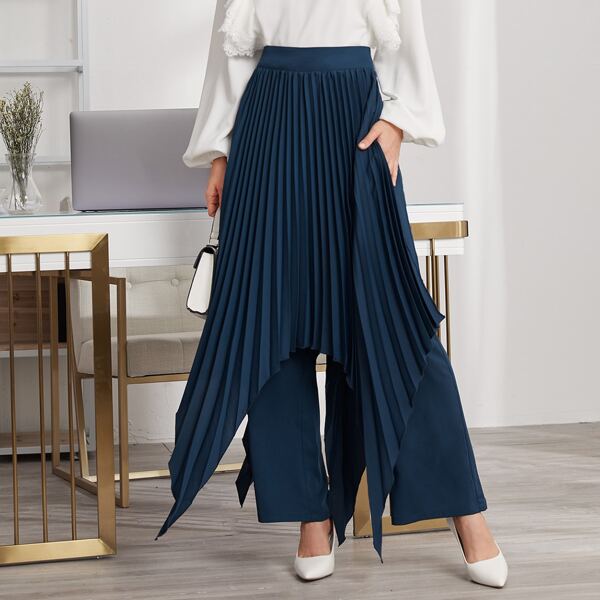 

Solid Pleated Detail Pants, Navy blue