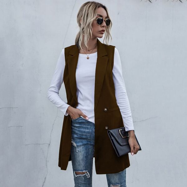 

Lapel Collar Double Breasted Belted Vest, Chocolate brown