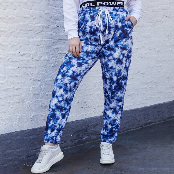 

Plus Tie Dye Drawstring Waist Sweatpants, Blue and white