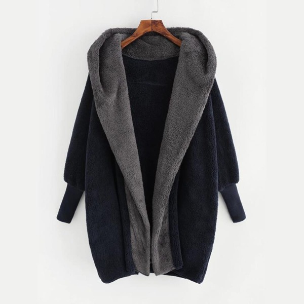 

Open Front Faux Fur Hooded Teddy Coat, Navy blue