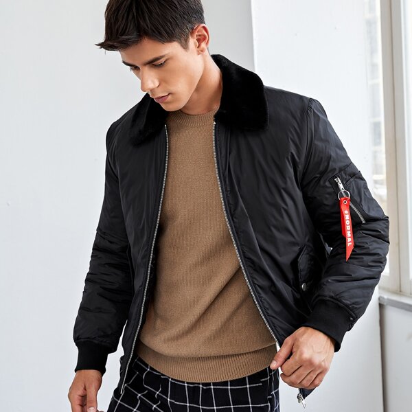 

Men Tape Detail O-ring Zip Pocket Wind Padded Jacket, Black