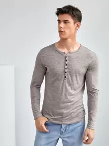 GENTILAND 男士紐扣半開襟T恤 - 卡其色 - 查看 1