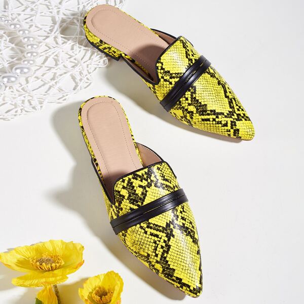 

Point Toe Snakeskin Flat Mules, Yellow