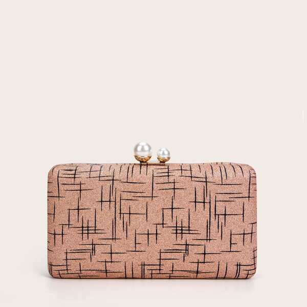 

Faux Pearl Decor Graphic Clutch Bag, Champagne