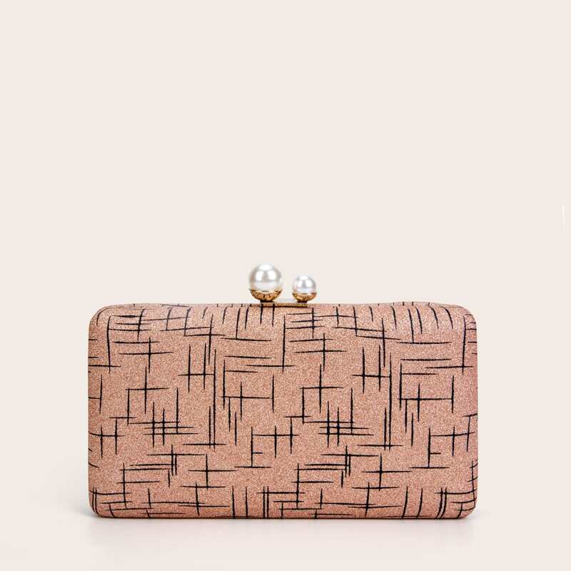 

Faux Pearl Decor Graphic Clutch Bag, Champagne