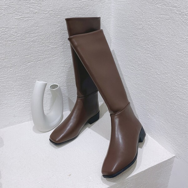 

Square Toe Zip Back Knee Boots, Brown