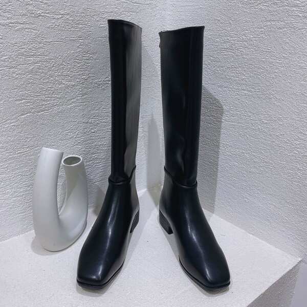 

Square Toe Zip Back Knee Boots, Black