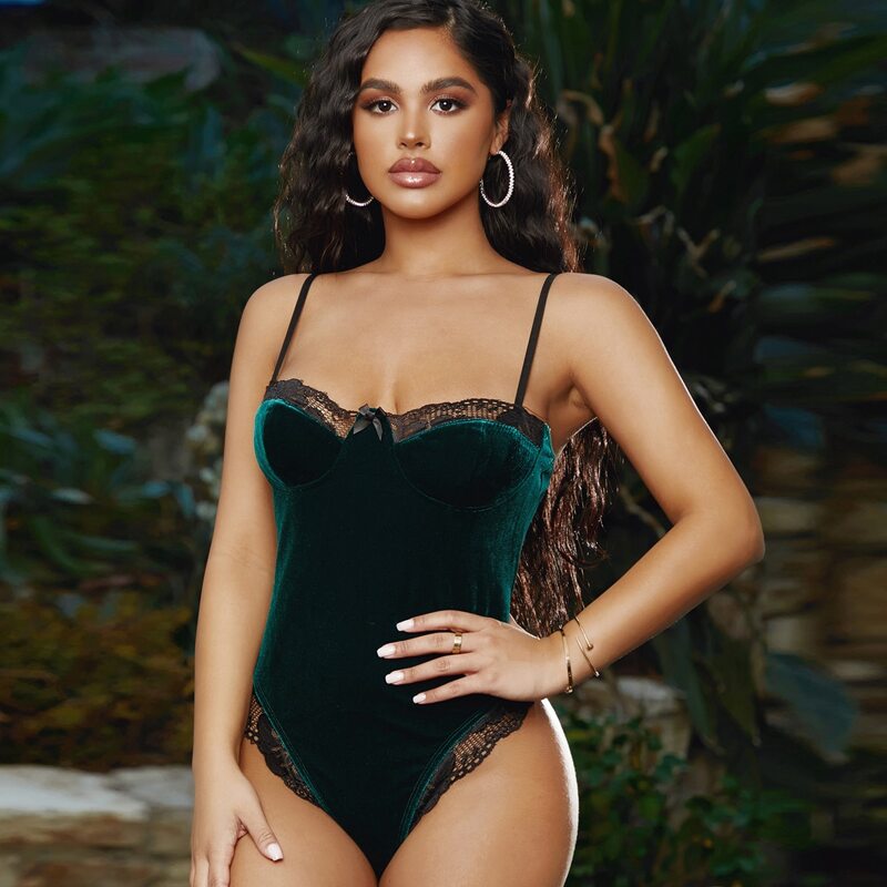 

Lace Trim Velvet Cami Bodysuit, Dark green