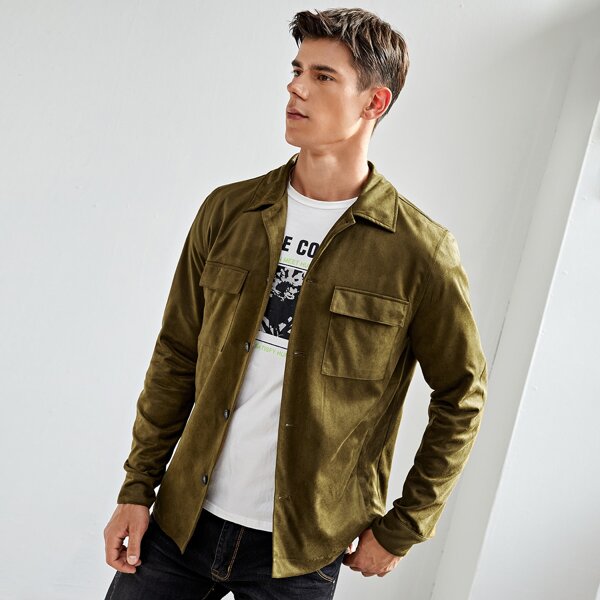 

Men Flap Pocket Suede Jacket, Olive green