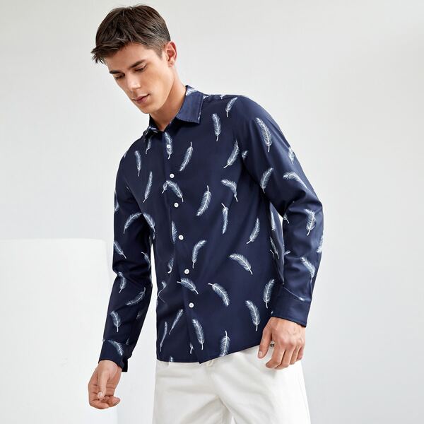 

Men Feather Print Shirt, Navy blue