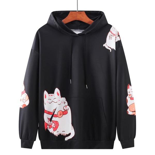 

Men Lucky Cat Print Drop Shoulder Hooded Sweatshirt, Black