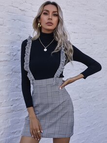 Ruffle Strap Plaid Pinafore Dress - Black and White - View 3