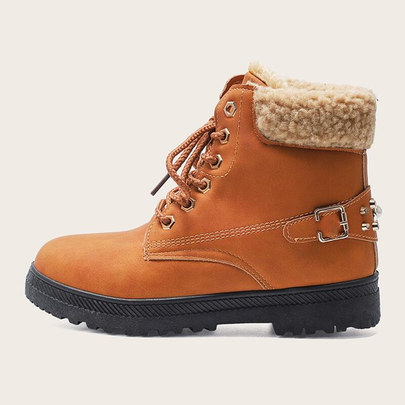

Rivet Decor Faux Fur Lined Combat Boots, Brown