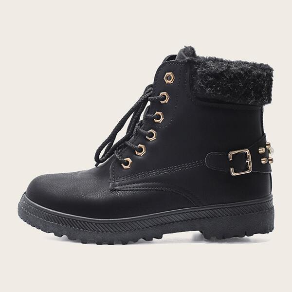 

Rivet Decor Faux Fur Lined Combat Boots, Black