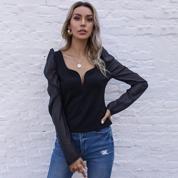 

Puff Sleeve Sweetheart Neck Top, Black