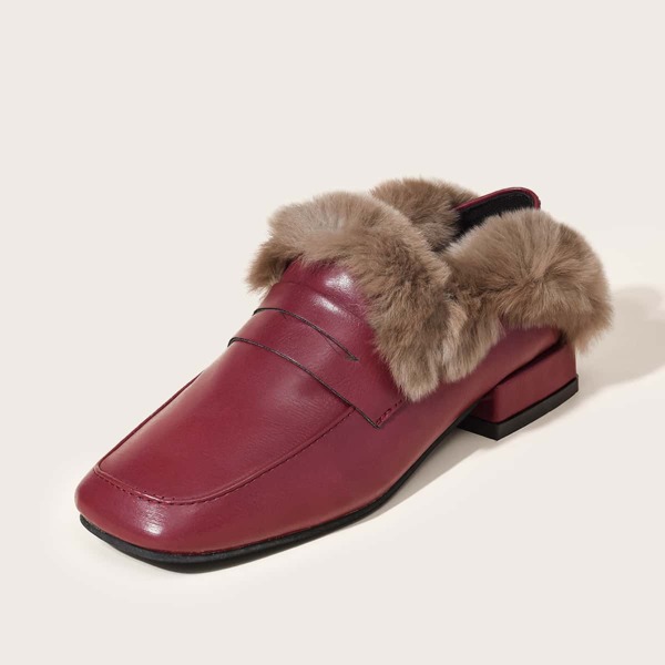 

Square Toe Faux Fur Decor Loafers, Red