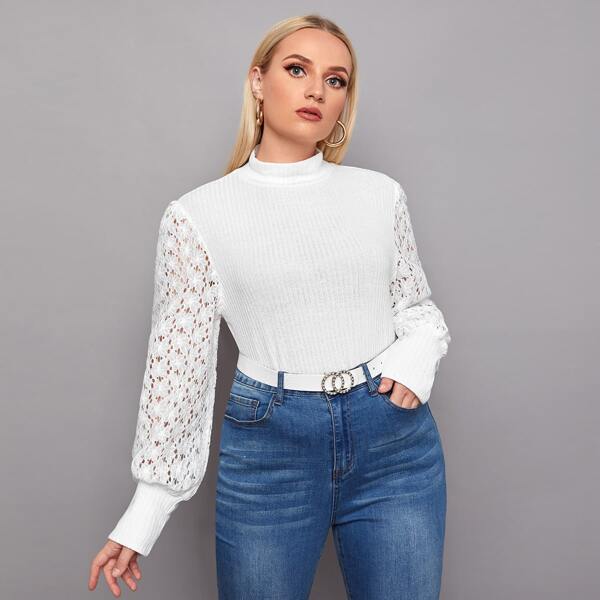 

Plus Lace Sleeve Mock Neck Rib-knit Top, White