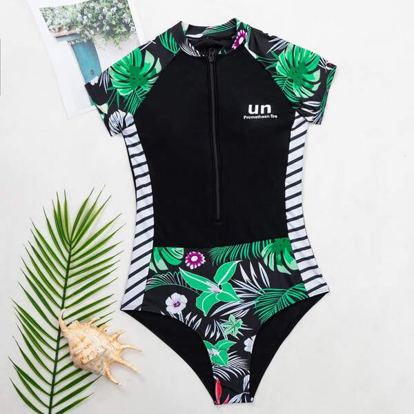 

Tropical Zip-up One Piece Swimsuit, Multicolor