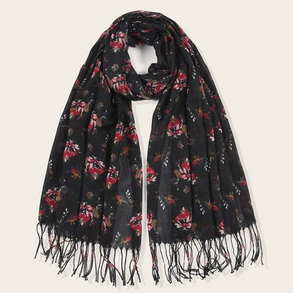 

Flower Pattern Fringe Scarf, Multicolor