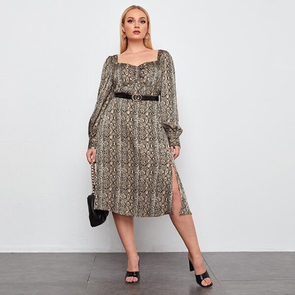 

Plus Split Hem Tie Backless Snakeskin Dress Without Belt, Multicolor