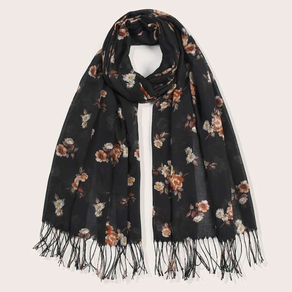 

Flower Pattern Fringe Scarf, Multicolor