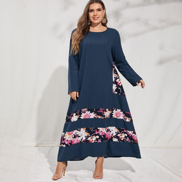 

Plus Floral Print Maxi Dress, Navy blue