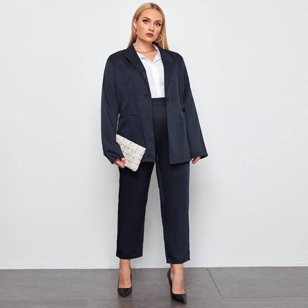 

Plus Single Button Blazer & Tailored Pants, Navy blue