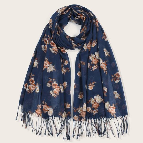 

Flower Pattern Fringe Scarf, Multicolor