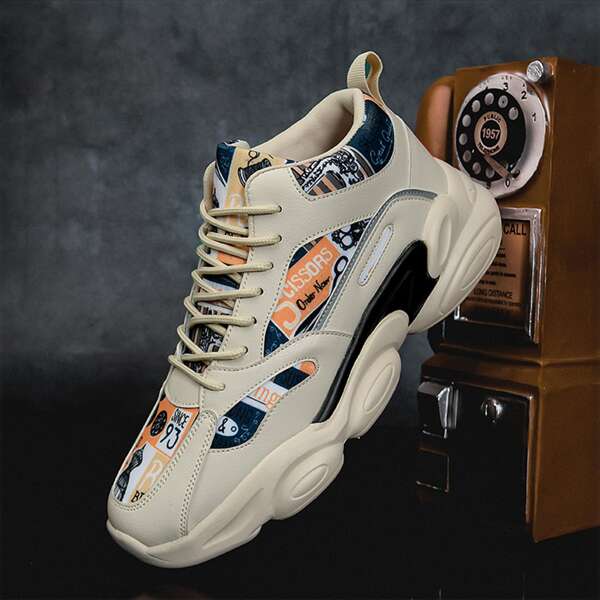 

Men Lace-up Front Letter Graphic Chunky Sneakers, Beige