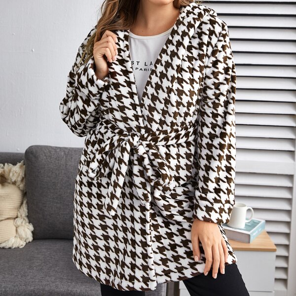 

Plus Houndstooth Flannel Belted Hooded Bed Jacket, Black and white