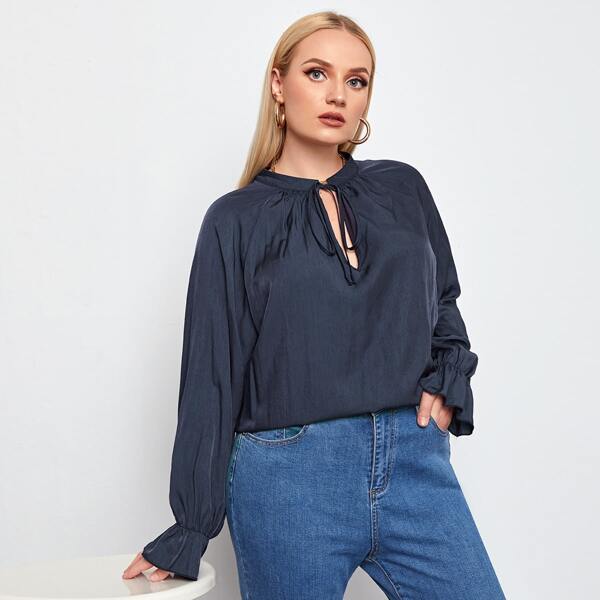 

Plus Tie Neck Flounce Sleeve Top, Navy blue